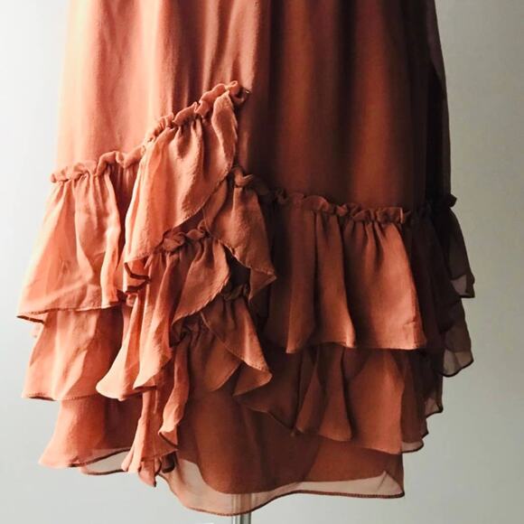 ELIZABETH AND JAMES Orange Rust Silk Ruffle Tank Sleeveless VNeck Mini Dress 4 - Picture 12 of 14
